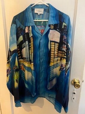 Casablanca Blue Graphic Cityscape Button-Up Shirt - Men's XL